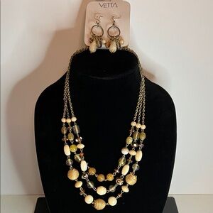 VETTA Triple-Strand Mixed Texture Earth Tone Beaded Necklace & Dangle Earrings